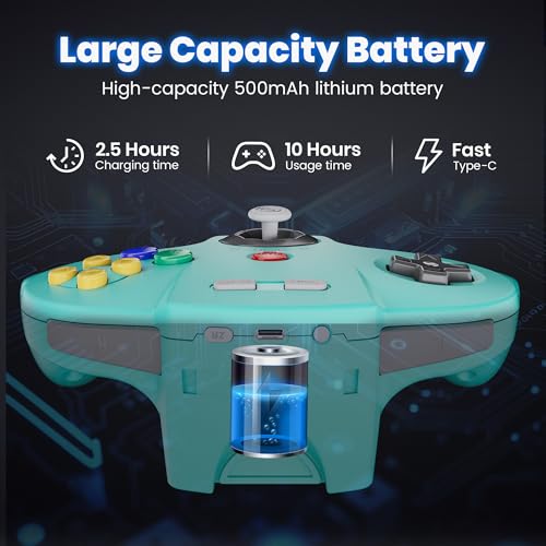 Image of SAFFUN 2 Pack Wireless N64 Controller Made for Switch 1 & 2, N64 Console, Wireless 2.4 GHz Receivers Compatible with Switch Online, Windows PC, macOS (Built-in Vibration) (Rechargeable) Lemon /Cyan