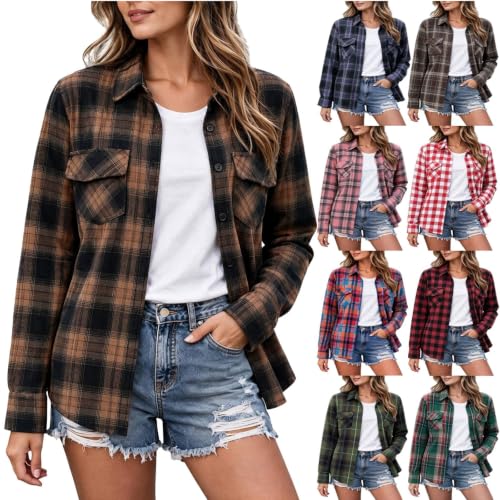 Plaid Shirts for Women Flannel Long Sleeve Lightweight Button Cotton Tops | Cotton Blend Flannel Shirt, Soft Oversized, Business Casual Outfits,Retro Travel Clothes,Loose Fit,Collared,Going Out Blouses - image 1