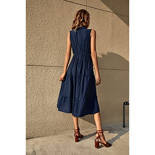 Image of BROVAVE Womens 2026 Summer Sleeveless Shirt Dress Collar Striped V Neck Casual Midi Dresses