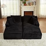 Keainvren Oversized Double Chaise Lounge Chair Indoor Fluffy Upholstered Corduroy Sofa Bed with Throw Pillows Comfy Sleeper Deep Seat Sectional Loveseat Sofa Couch for Living Room (Black)