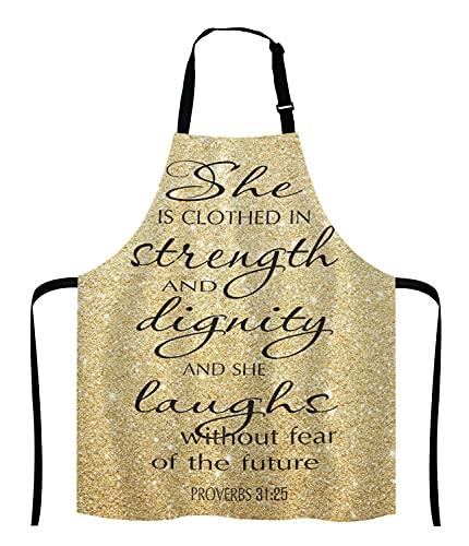 Lefolen Proverbs 31:25 Adjustable Bib Apron Bible Verse Gold Sparkles Glitter Pattern Print Cooking Kitchen Apron for Men Women