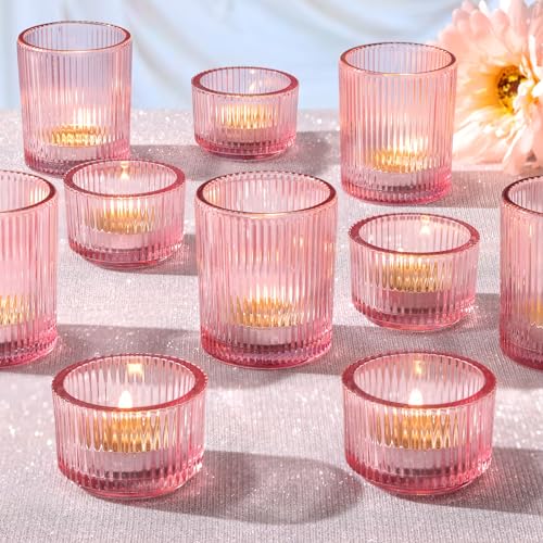 NITIME 20pcs Assorted Ribbed Pink Votive Candle Holders Tealight Candle Holder for Valentines Day Pink Candle Holders for Wedding Table Decor Mother s Day Bridal Shower and Party Decorations