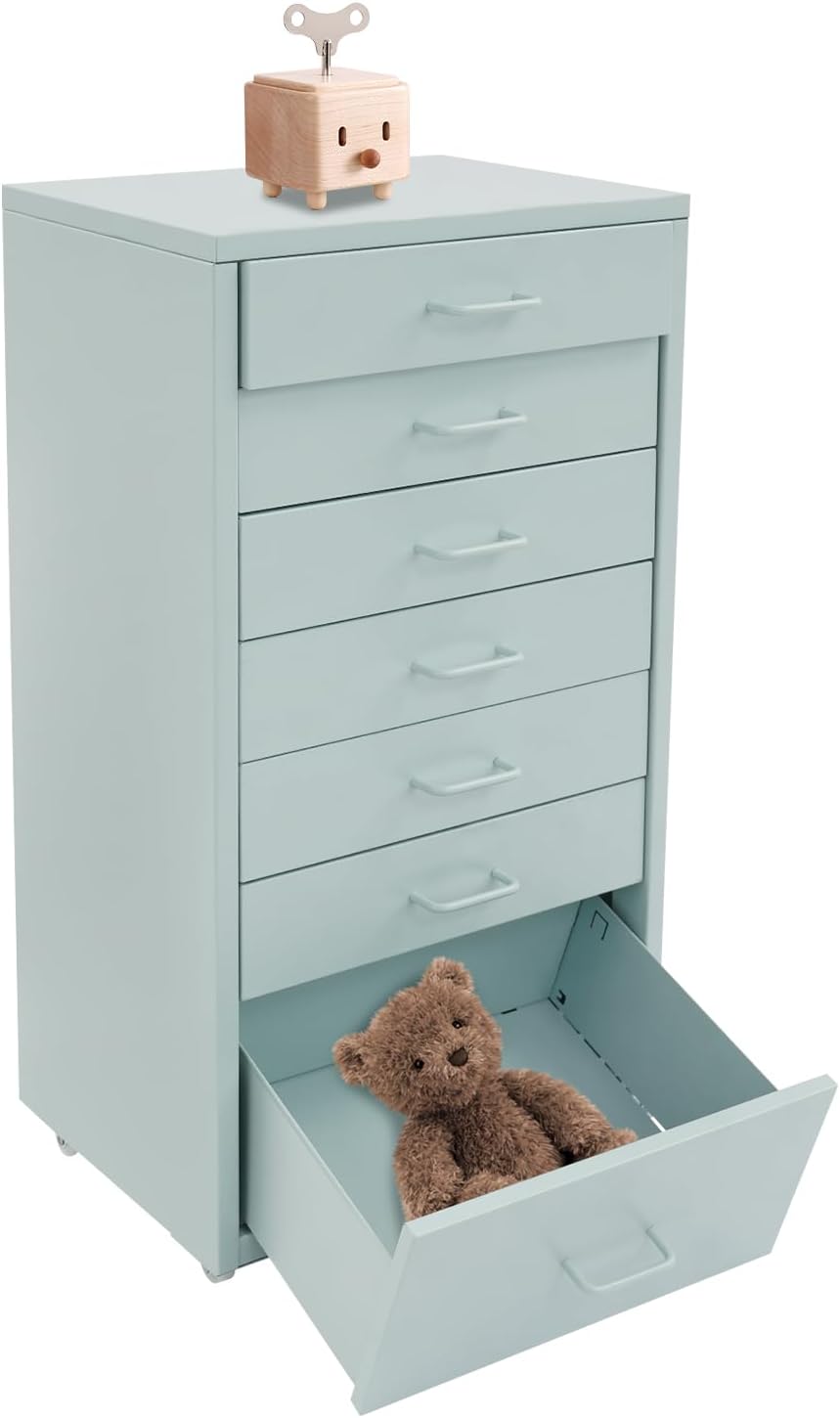 7-Drawer Bedside Table Storage Cabinet Mobile File Cabinet with 4 Wheels for Living Room Study Office (Grayish Green)
