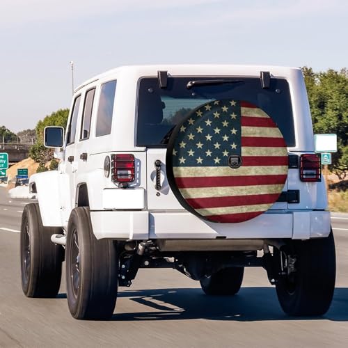 Image of Retro American Flag Spare Tire Cover with Backup Camera Hole Wheel Tire Cover Fit Trailer, RV, SUV and Many Vehicle 16inch