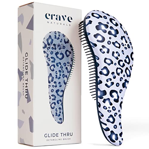 Crave Naturals Glide Thru Hair Brush - Detangler Brush for Curly, Straight, Wet or Dry Hair - Gentle Detangling Brushes for Adults, Kids, Toddlers - Hair Accessories for Women, 7.5"x3" - Blue Cheetah