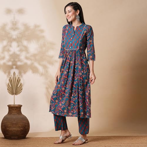 Image of Globus Women Ivory Floral Print A-Line Kurta Set With Trouser-3638388001