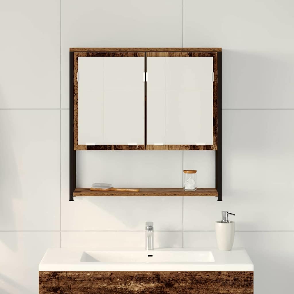 Szafka z lustrem z regałem, stare drewno, materiał drewnopochodny, 60 x 16 x 60 cm, montaż ścienny, mebel łazienkowy, miejsce do przechowywania ze szklanymi drzwiami i płaskim lustrem, do