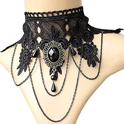 DONGMING Gothic Punk Black Lace Choker Necklace for Women Girls Retro Beads Chain Pendant Necklace for Halloween Costume Party Jewelry