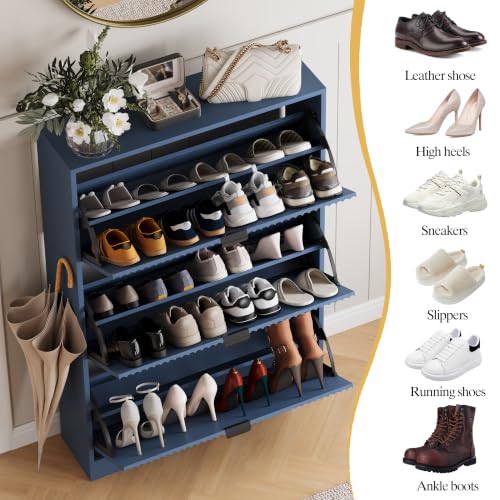 Image of HUANLEGO Shoe Cabinet Storage for Entryway with 3 Flip Drawer, Blue | Fluted Shoe Cabinet with Adjustable Shelves, Hidden Shoe Rack for Entryway, Freestanding Narrow Shoe Organizer for Hallway