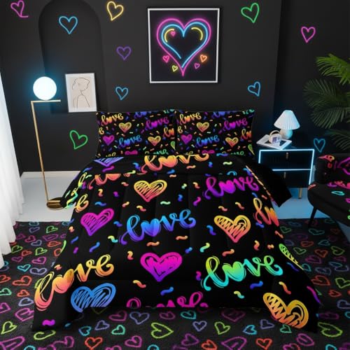 Image of QOOMO Colorful Love Kids Bedding Set, Love Heart Print Comforter Set for Boys Girls Teen Room Decorat, Black Soft Lightweight Bed Set All Season Full Size, 1 Comforter Set 2 Pillowcases