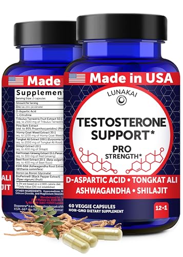 Lunakai USA Manufactured Natural Testosterone Booster for Men with Tongkat Ali, Ashwagandha & Shilajit - Testosterone Supplement for Strength, Energy & Stamina, 60ct