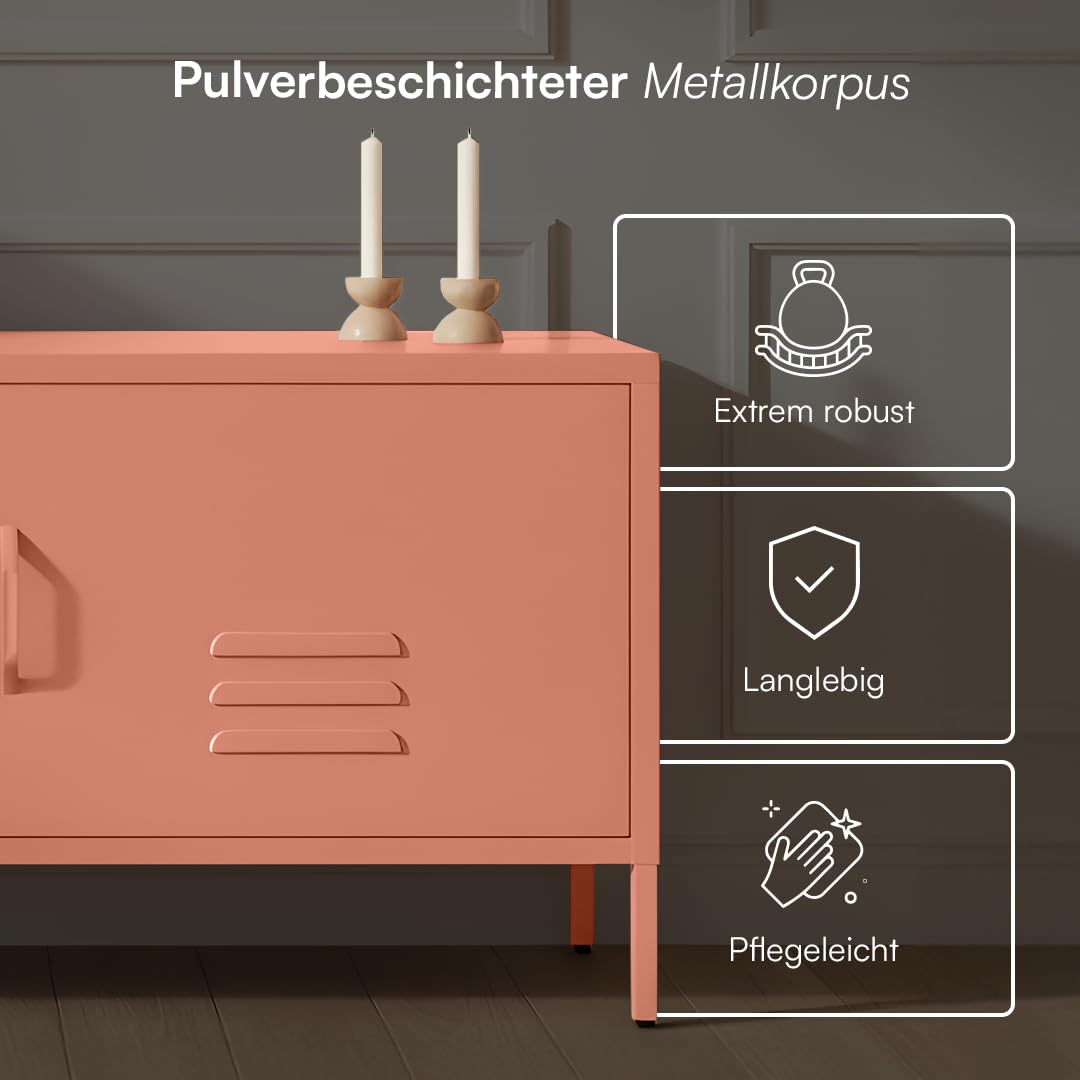 skølm Atria Lowboard aus Metall – TV Schrank in Terrakotta – Fernsehtisch mit 4 verstellbaren Fächern – TV Board 105x38x55 cm (BxTxH) – Sideboard / Fernsehschrank / Wohnzimmerschrank / Metallschrank
