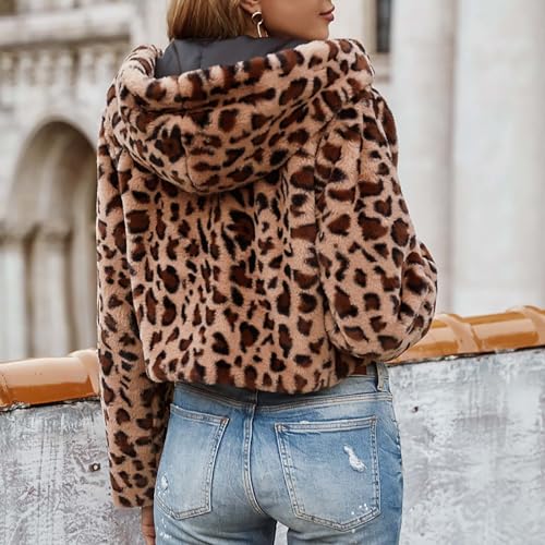 Womens Trendy Leopard Coats Warm Faux Furry Hooded Coat with Zipper Winter Jackets Short Cropped Cardigan Outerwear4