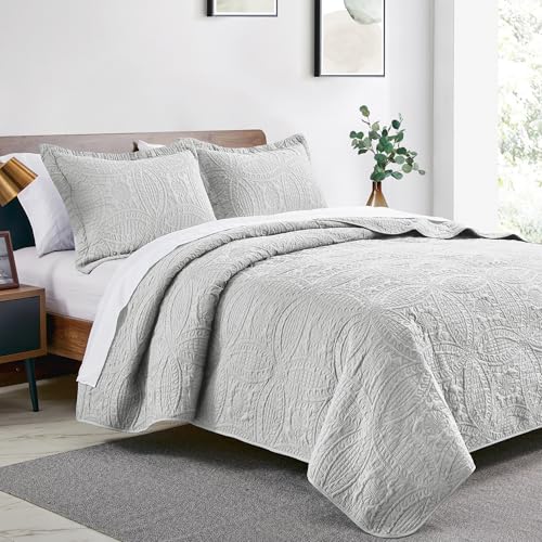 Love's cabin King Size Quilt Bedding Set Light Grey Bedspreads - Bed Summer Lightweight Bedspread Comforter - Coin Pattern Bedding Coverlet for All Season - 3 Pieces (1 Quilt, 2 Pillow Shams)