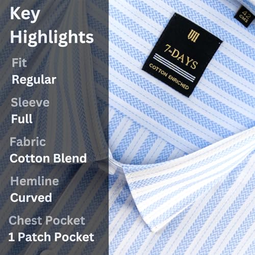 Image of 7-DAYS Men's Premium Striped Formal Shirt - Cotton Rich, Regular Fit, Full Sleeve, with Pocket, Wrinkle Resistant - Stylish Office & Everyday Wear.