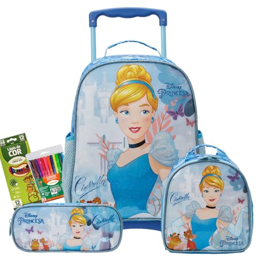 Kit Mochila Com Carrinho Lancheira E Estojo Cinderela 13090