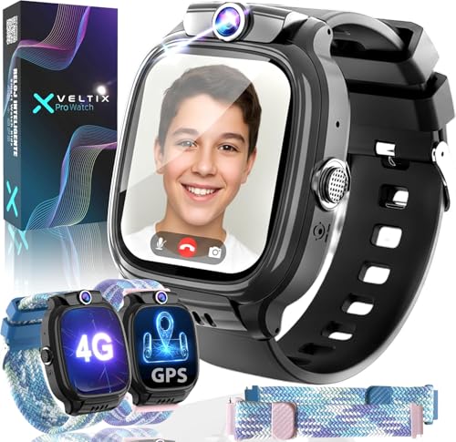 VELTIX® Novo relógio inteligente para crianças X Pro 4G + 2 correias de graça, Smartwatch para crianças com GPS e chamadas, relógio inteligente para menina, relógio com GPS | relógio para crianças com