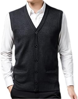 Mens Wool Knit Vest Sleeveless Sweater Solid for Autumn Winter V Neck Buttons Down Sweater