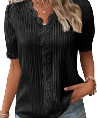 V Neck Lace Trim T Shirts for Women Elegant Short Sleeve Plus Size Blouses Summer Loose Fit Casual Plain Tops