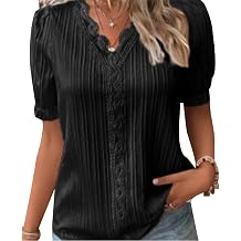 V Neck Lace Trim T Shirts for Women Elegant Short Sleeve Plus Size Blouses Summer Loose Fit Casual Plain Tops