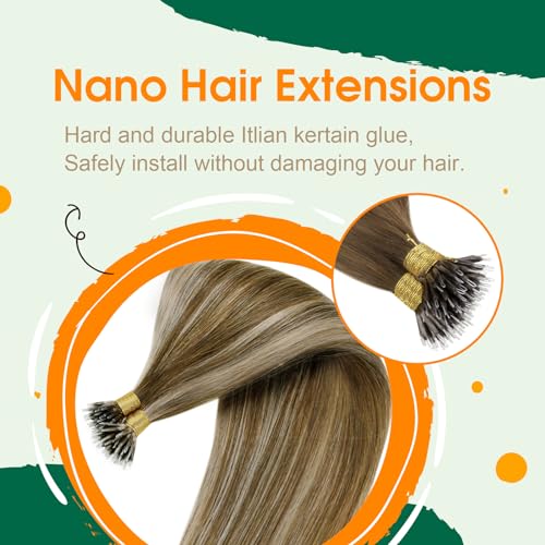 Easyouth Nano Hair Extensions Human Hair Highlight Brown Hair Extension Nano Human Hair Medium Brown with Honey Blonde Nanobeads Hair Extensions Real Human Hair Cold Fusion 14 Inch 50g/50s #P4/27 - Image 3