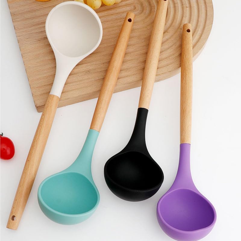 Miniatura 2 de Cucharón de sopa de silicona con asas de madera, para servir sopa caliente, masa de porciones para panqueques