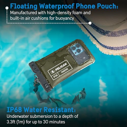 Image of Pelican 2 Pack Marine Waterproof Phone Pouch (Regular) - Olive Green | Touchscreen IP68 Floating Waterproof Phone Case w /Detachable Lanyard - Fits All Phones - Beach Cruise Ship Travel Essentials