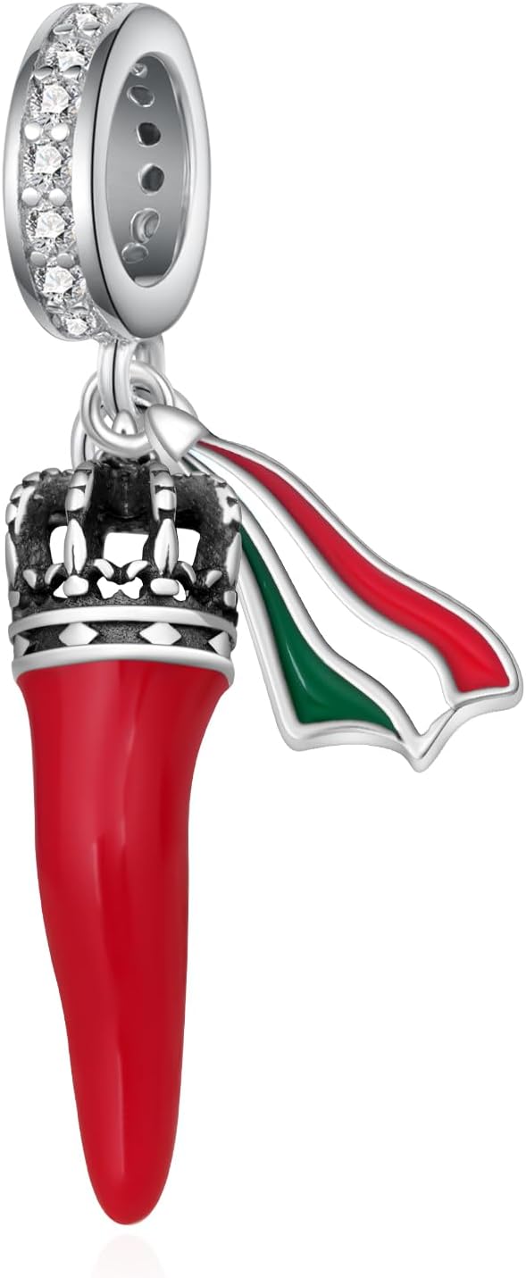 Italian Luck Charm - 925 Sterling Silver Red Italian Horn Charm Pendant, Cornicello Chili Pepper Dangling Bead