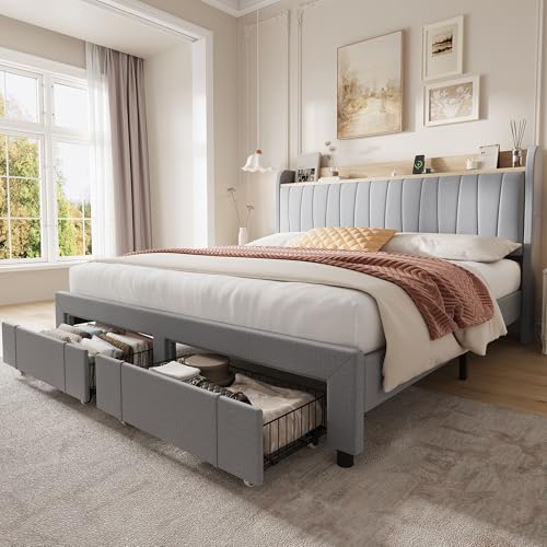 GarveeHome King Size Bed Frame with Storage Headboard, Upholstered Platform Beds with Drawers, Charging Station, Noise-Free, No Box Spring Needed, Eas