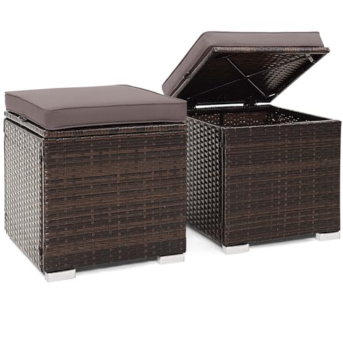 Tangkula 2 Pieces Patio Ottomans, Patiojoy Hand-woven PE Rattan Side Table with Removable Cushion & Hidden Storage Space, Multifunctional Storage Box, Seat for Patio, Backyard, Poolside (Grey)