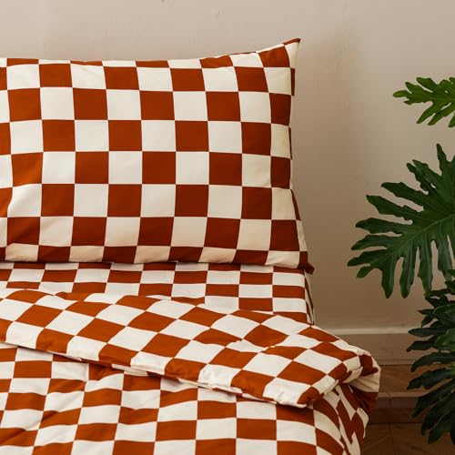 Image of Wellboo Pumpkin White Plaid Toddler Bedding Sets for Girls Boys Caramel and White Checkerboard Grid 4 Pieces Soft Crib Bed Set Including Comforter, Sheets and Pillowcase Kids Checkered Geometric Quilt