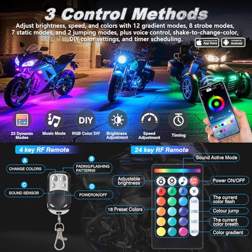 Image of 8PCS Double Row Motorcycle RGB LED Light Kits with Brake Turn Signal Light, Super bright Underglow Light with APP /RF Remote, Neon Strips Waterproof 12V for Sport Bike, Cruiser,Street & Dirt Motorcycle