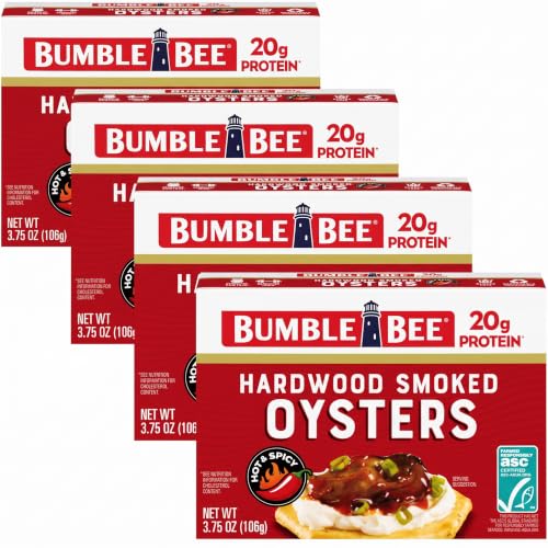 Bumble Bee Hot &amp; Spicy Hardwood Smoked Oysters, 3.75 oz Tin - 20g Protein per Serving, Gluten Free, Keto (Pack of 4)