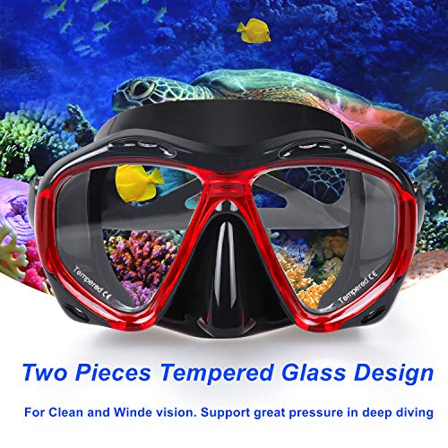Snorkel Diving Mask Panoramic Hd Swim Mask, Anti-Fog Scuba Diving Goggles,Tempered Glass Dive Mask Adult Youth Swim Goggles With Nose Cover For Diving, Snorkeling, Swimming (A-Black Red) #TOP1