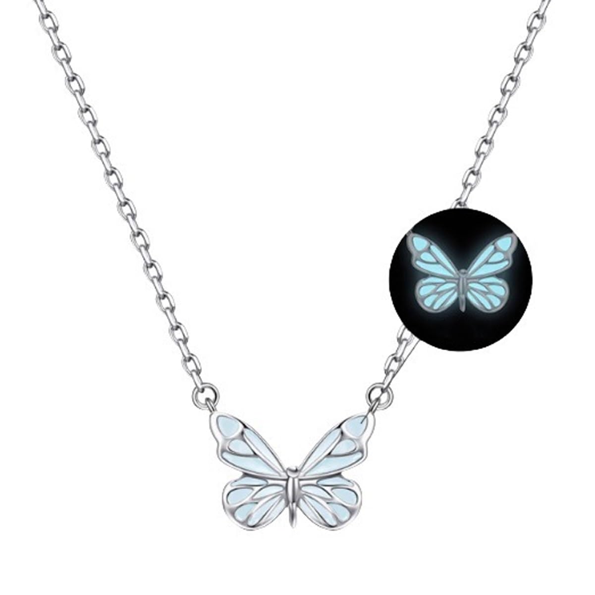 Braccialetto e collana con farfalla blu luminoso con scatola regalo in poliuretano, ciondolo a farfalla in argento che si illumina al buio (collana)