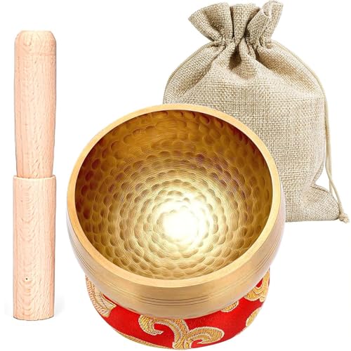 Pyuyan Campana Tibetana, Ciotola Tibetana, Ciotola da Meditazione, Set di Ciotole da Canto 8cm, con Bastone di Legno, Cuscino per Ciotola da Canto e Borsa in Tessuto, per Meditazione, Yoga e Chakra