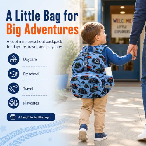 Image of LOIDOU Toddler Backpack for Boys Ages 2-4, 12 Inch Mini Preschool Daycare Bookbag with Insulated Snack Pocket, Corduroy Small Kids Travel Backpack with Chest Strap, Blue Car