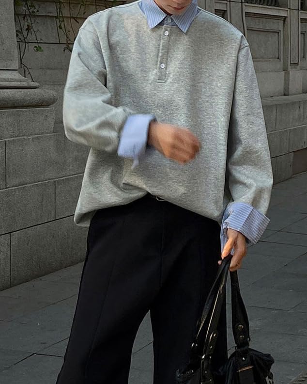 Men's Spring Fake 2 Piece Striped Henry Lapel Solid Color Casual Fashion Bottoming Top3