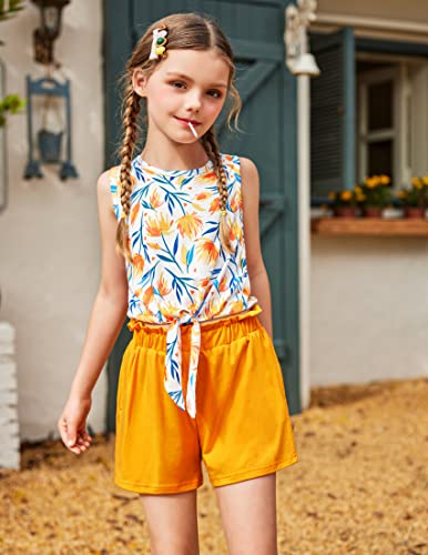 Image of Arshiner Girl's 2 Piece Outfits Tie Knot Tank Top and Paperbag Waist Pocketed Summer Short Sets