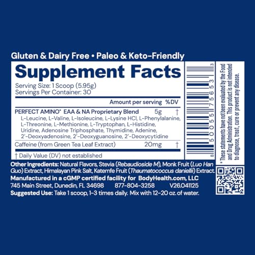 Image of BodyHealth PerfectAmino Powder - BCAA and EAA Powder for Pre and Post Workout - Amino Acid Energy Drink for Men and Women to Support Lean Muscle and Recovery - Mocha - 30 Servings