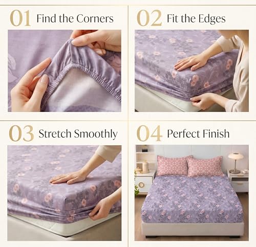 Image of HOMEKART Cotton Contrast Fitted Bedsheet for King Size Bed 72x72+10 Inch with 2 Pillow Covers 17x27 Inch | All Round Elastic | TC 144 Soft, Breathable Floral Printed Bedsheet (Lavender Mist)