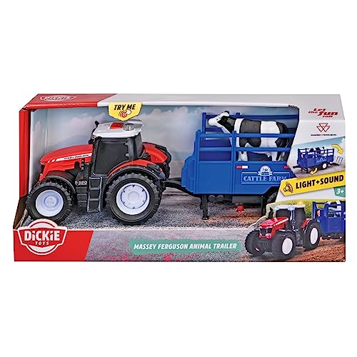 Dickie Toys - Massey Ferguson Spielzeug-Traktor mit Tieranhänger & Kuh - Spielzeugauto für den Bauernhof mit Licht & Sound (inkl. Batterien), für Kinder ab 3 Jahre, 26 cm