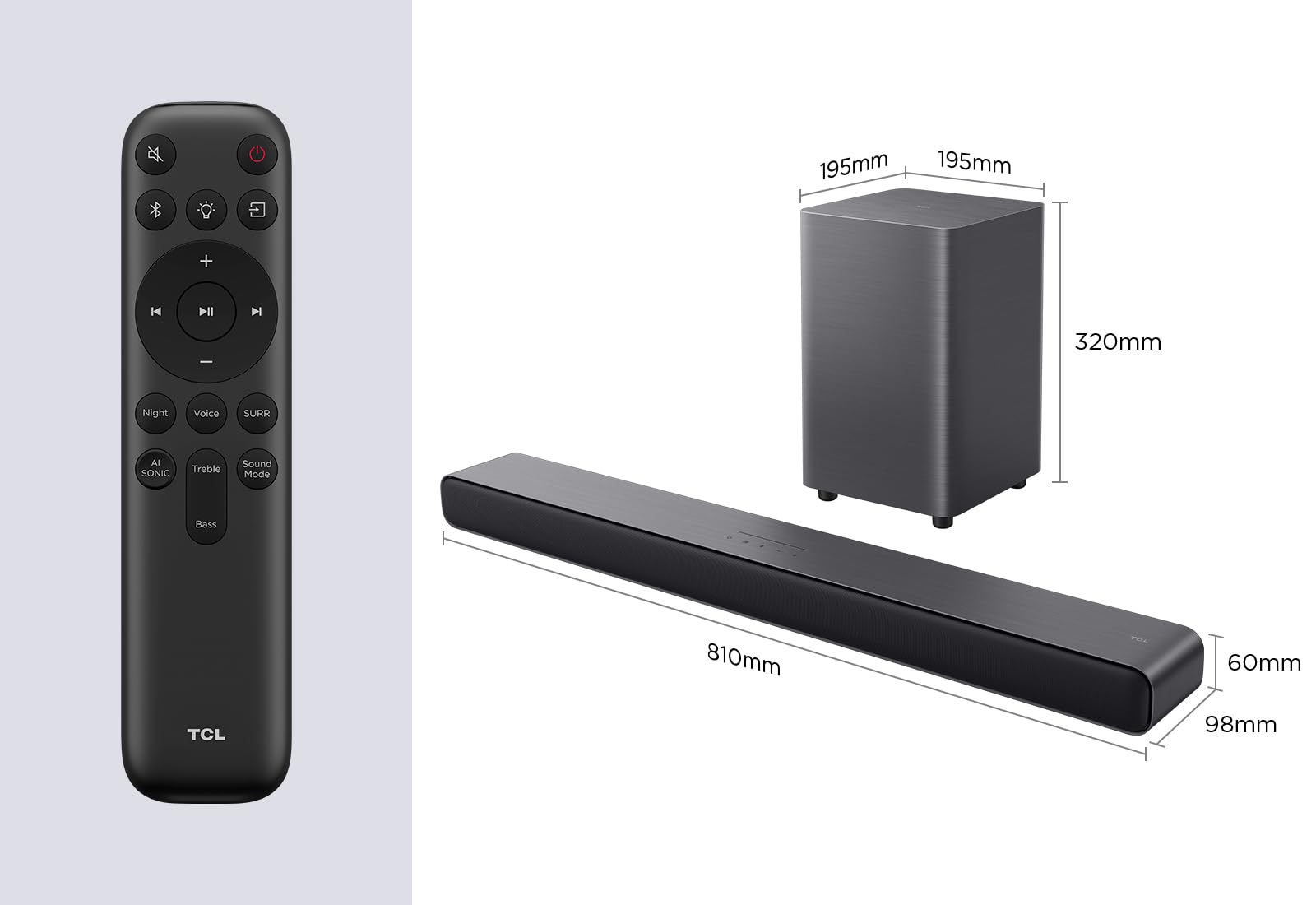 TCL S55HE Soundbar 2.1, 220W, Dolby Atmos, DTS Virtual:X, subwoofer wireless, Bluetooth 5.3, HDMI eARC, USB, ottico, montaggio a parete, telecomando incluso