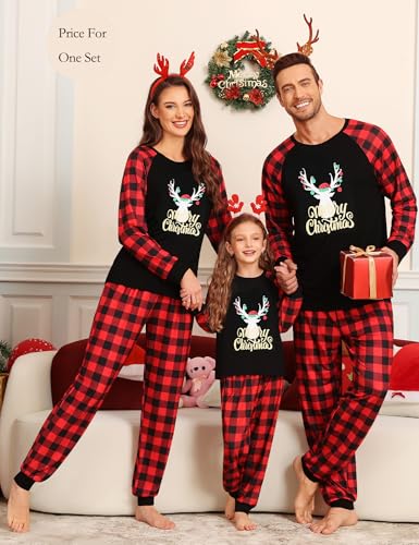 SWOMOG Christmas Matching Couple Pajamas Sets Family Xmas Jammies Casual Long-Sleeve Sleepwear Sets Festival PJ Set Women and Men Gold Letter Deer Large2