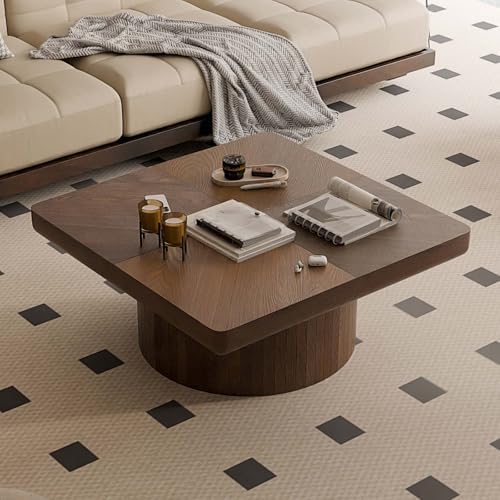 34.6" Square Coffee Table with Cylindrical Leg, Modern Wooden Cof...