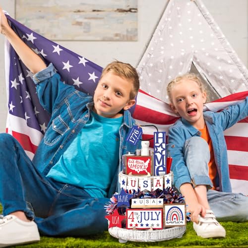 Image of FairySandy 13 Pieces 4th of July Tiered Tray Decor Autumn Patriotic Table Decor Wood Signs Independence Day Red White Blue American Decorations for Memorial Day 250th Anniversary Party Farmhouse Home