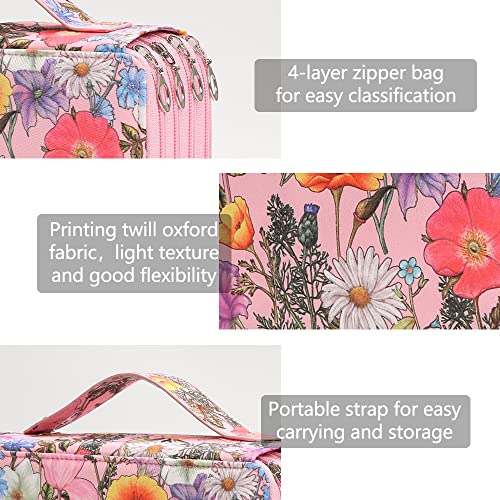 Image of Vomgomfom 200 Slots Pencil Case 4-Layer PU Leather, Handle, Pink Flower