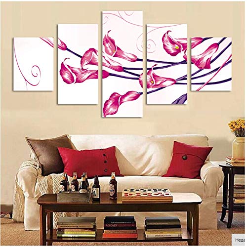 Peinture abstraite murale haut de gamme fleur violette - Toile tendue 5 pièces sans cadre