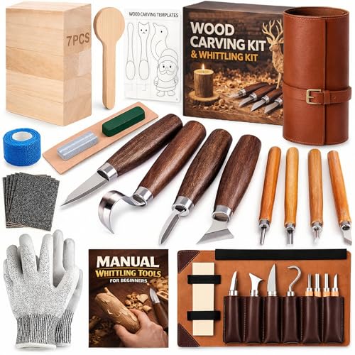Schnitzmesser Schnitzwerkzeug Set 25-teilig: Holz Schnitzen Set mit PU-Ledertasche Lindenholz Handschuhe Schleifstein Handschuhen - Wood Carving Set für Anfänger - Geschenkidee