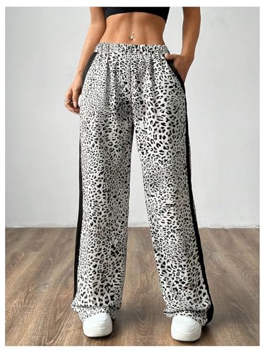 Floerns Women's Elastic High Waisted Leopard Print Straight Leg Y2k Pants with Pocket3